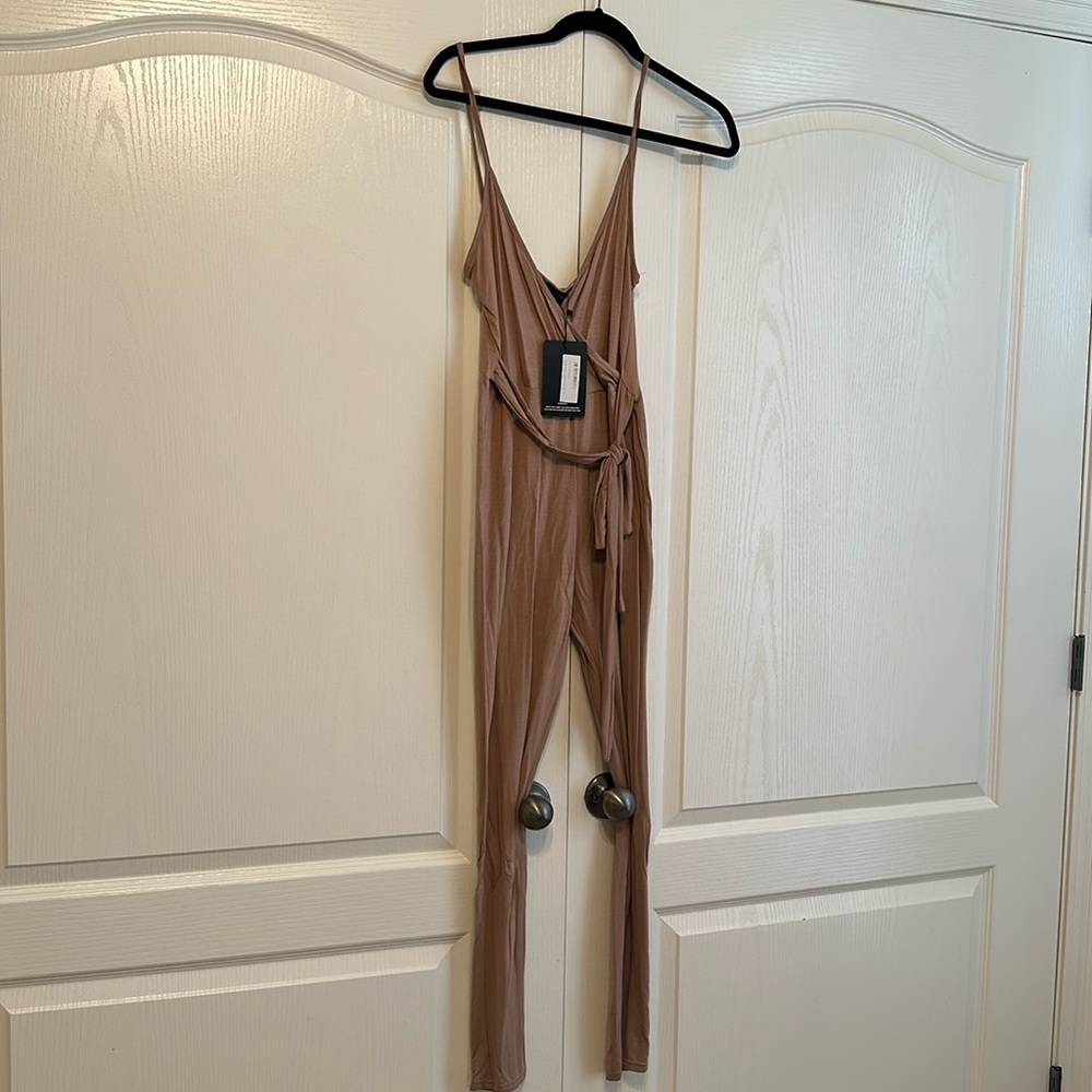 NWT! Pretty Little Thing Camel Strappy Jersey Wrap Tie Waist Jumpsuit